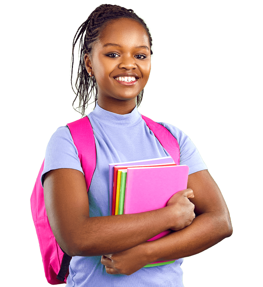 A young girl with braided hair, smiling, holding books about post-secondary education planning and wearing a backpack, standing against a green background.
