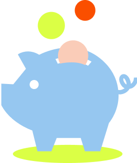 Blue coloured piggy bank icon that shows different coloured coins dropping inside the slit at the top