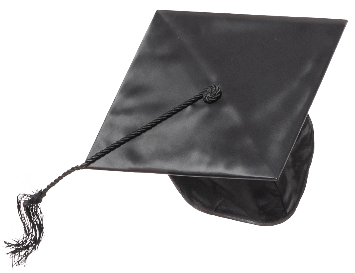 A black graduation cap with a tassel resting on its left side