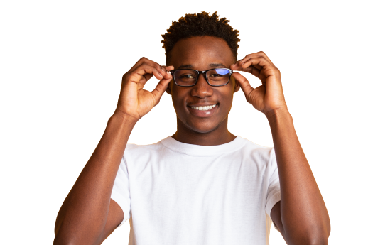 Teenager smiling while wearing a white t-shirt and both hands holding the temple of his eyeglasses on each end
