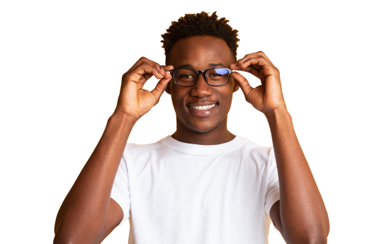 Teenager smiling while wearing a white t-shirt and both hands holding the temple of his eyeglasses on each end