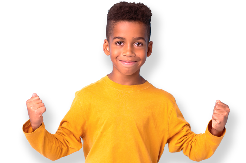 Young boy wearing orange shirt smiling