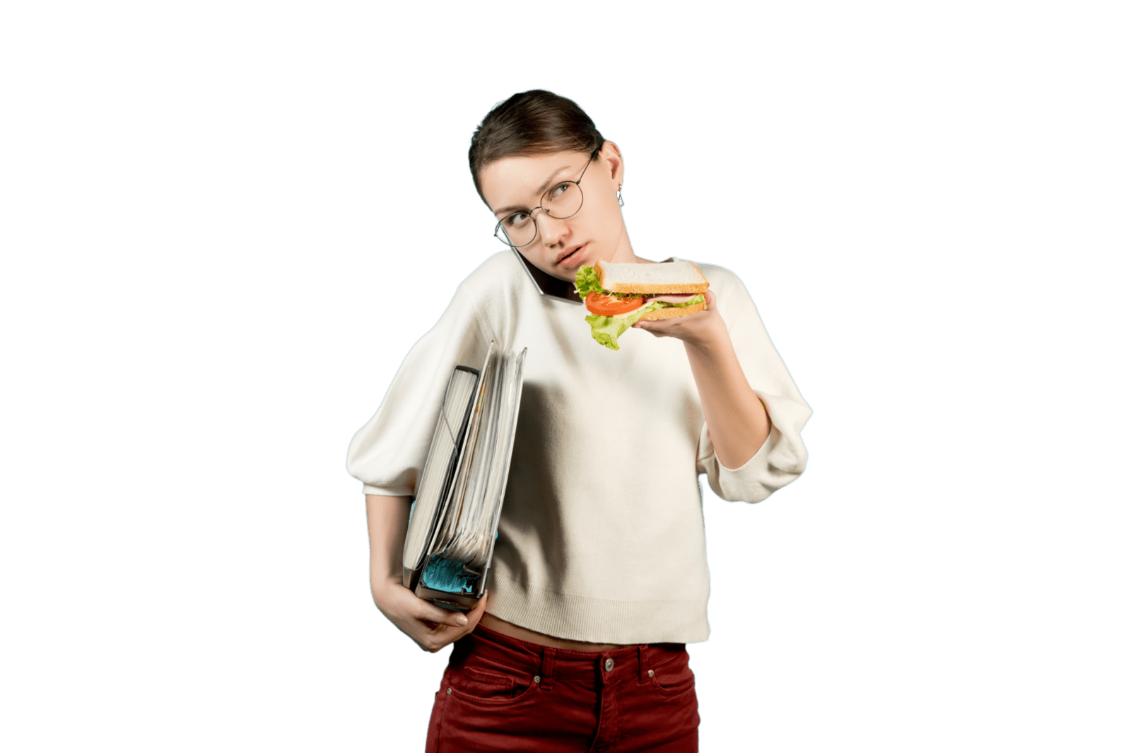 Girl holding textbooks and a sandwich