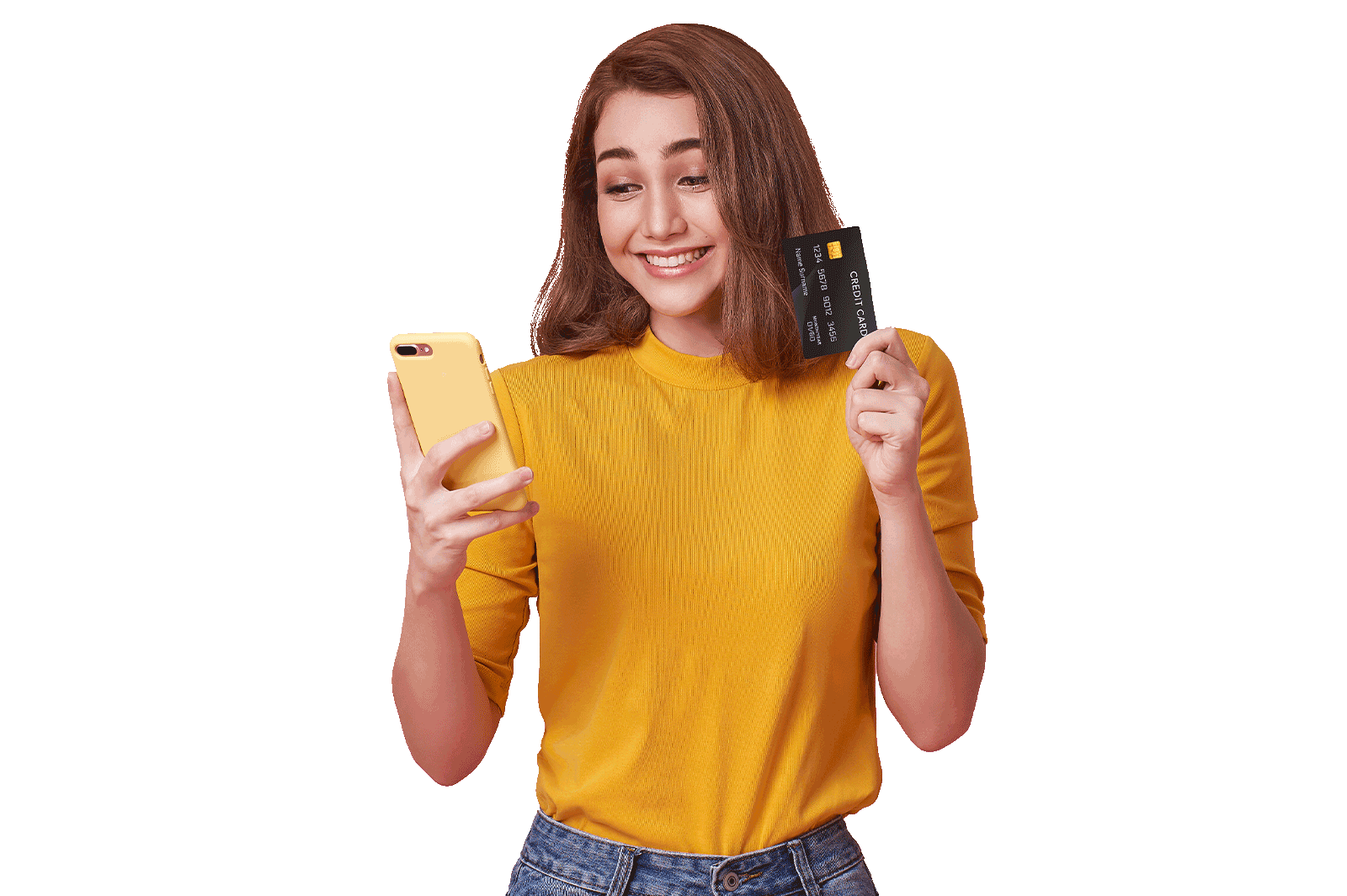 Young woman smiling at her cellphone and holding a credit card