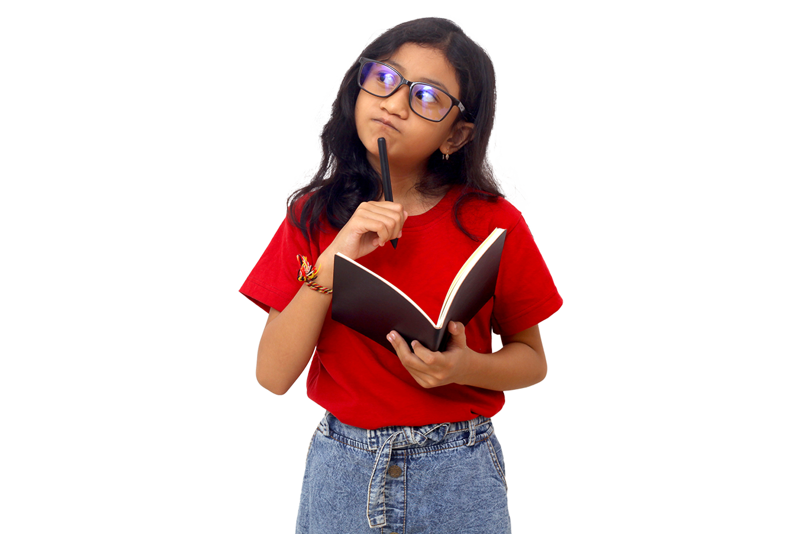 Girl with glasses thinking and holding a book