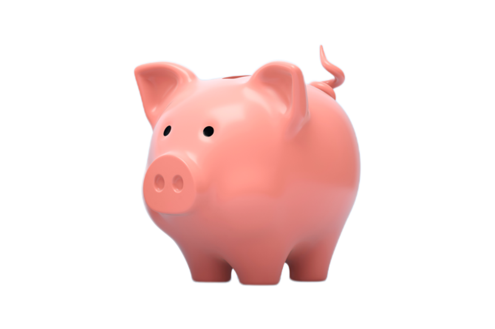 A shiny pink piggy bank with a content expression stands in the foreground