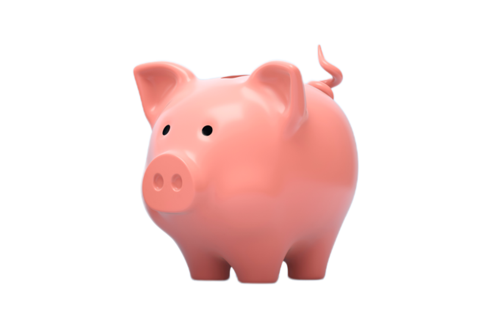 A shiny pink piggy bank with a content expression stands in the foreground