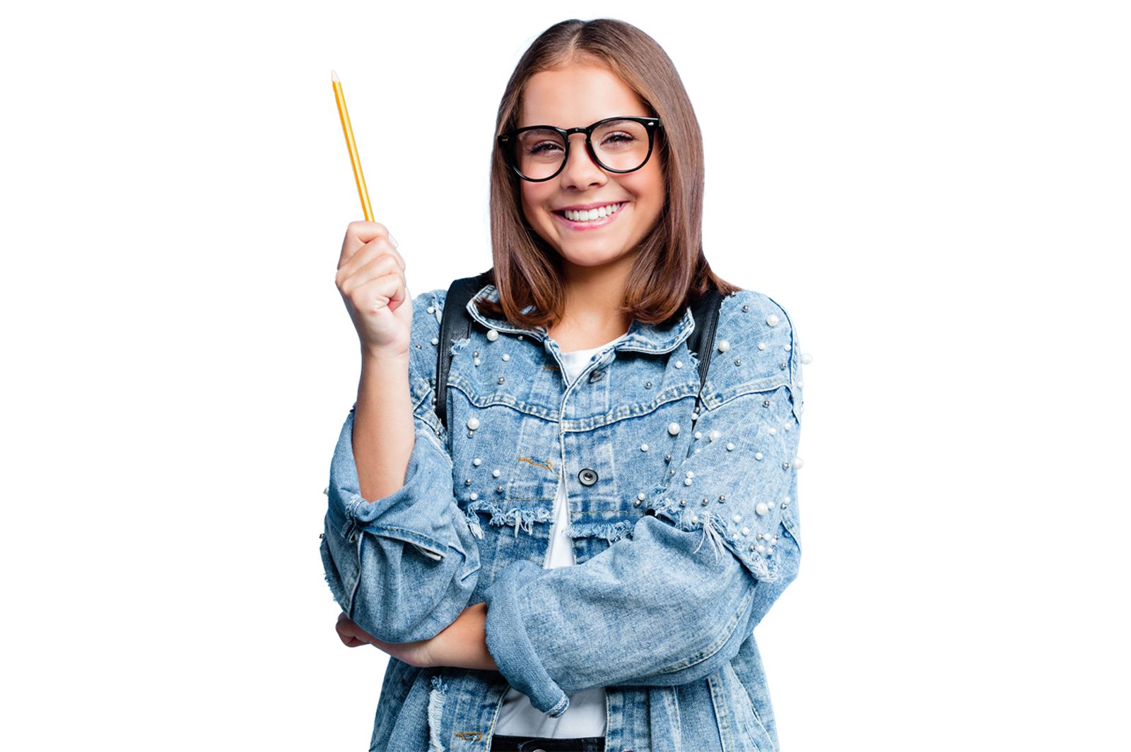 Young adult woman wearing glasses, smiling and holding a pencil