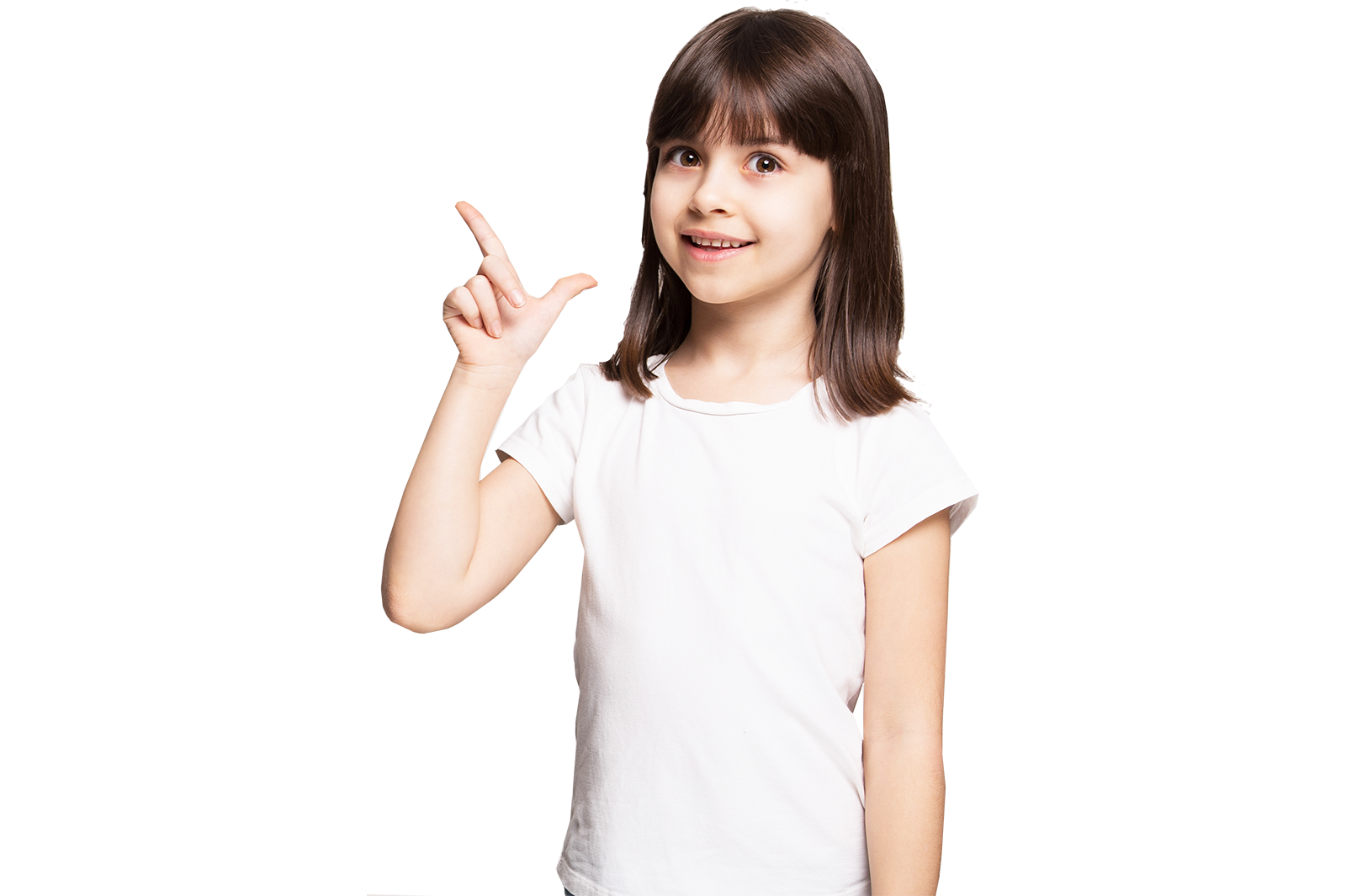 Young girl smiling and pointing with her finger