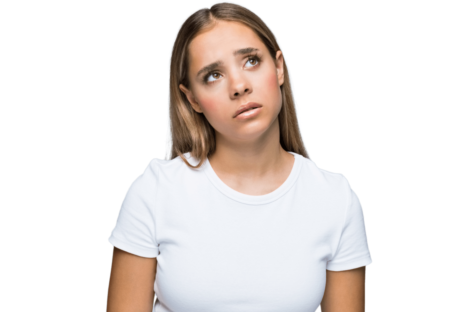 Young adult woman looking up with a confused expression