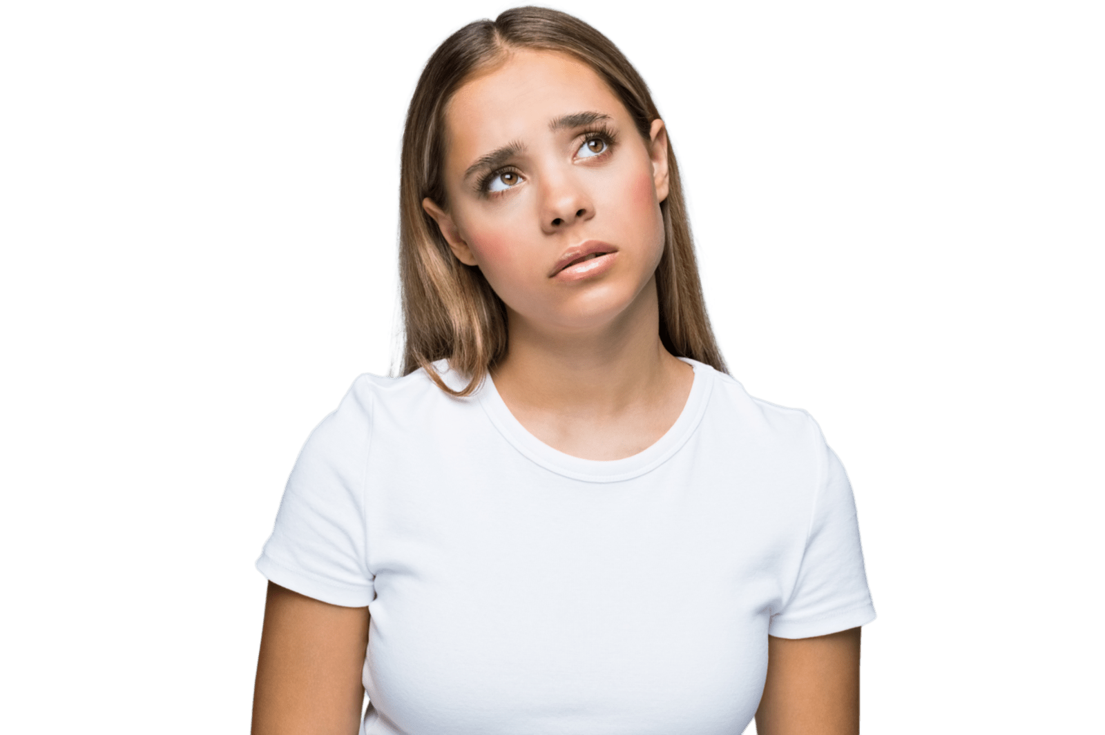 Young adult woman looking up with a confused expression