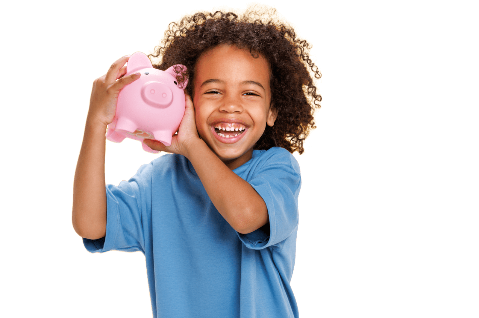 Young boy smiling and holding a piggy bank