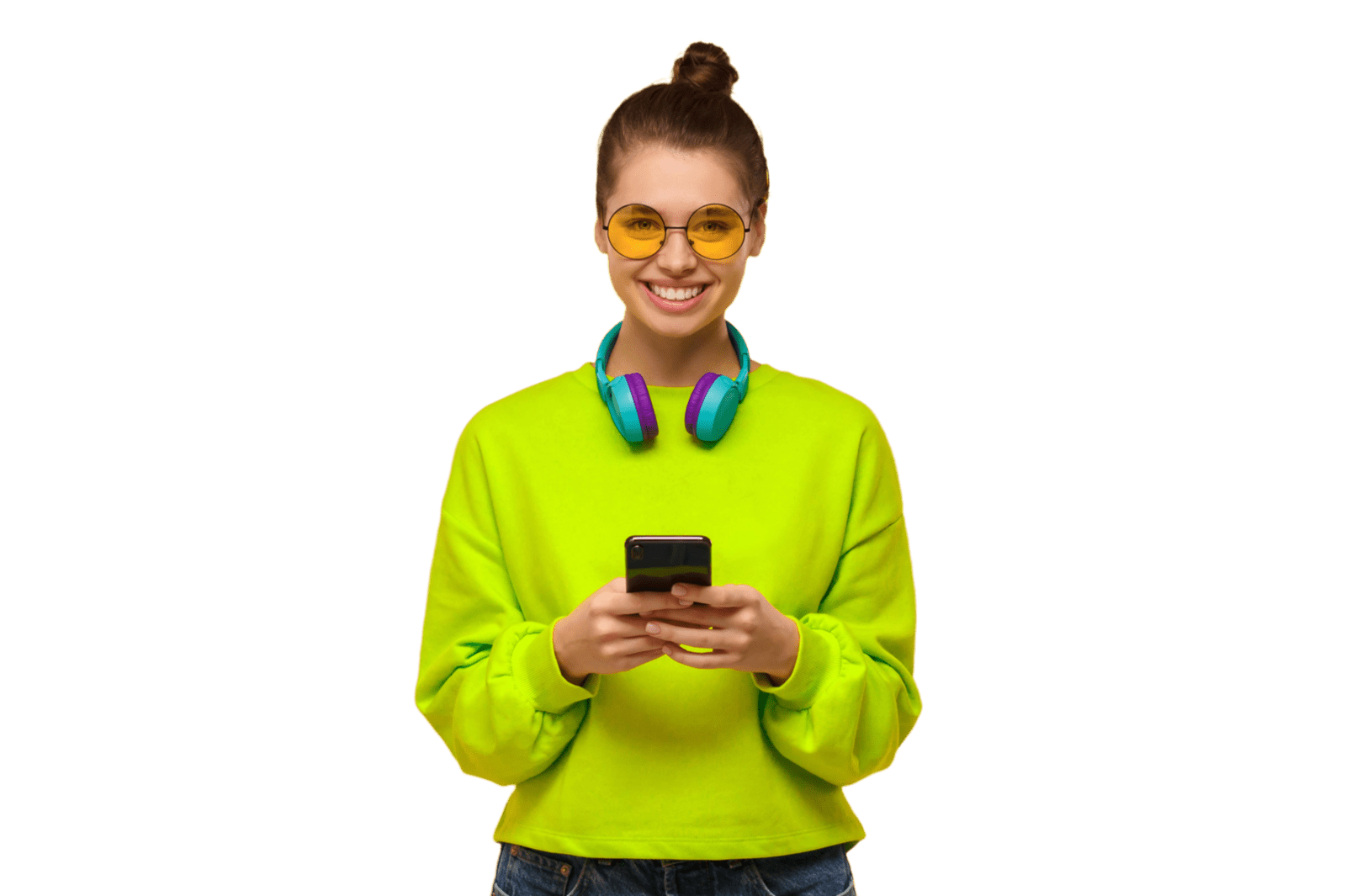 Young adult woman wearing bright coloured items smiling with a cellphone