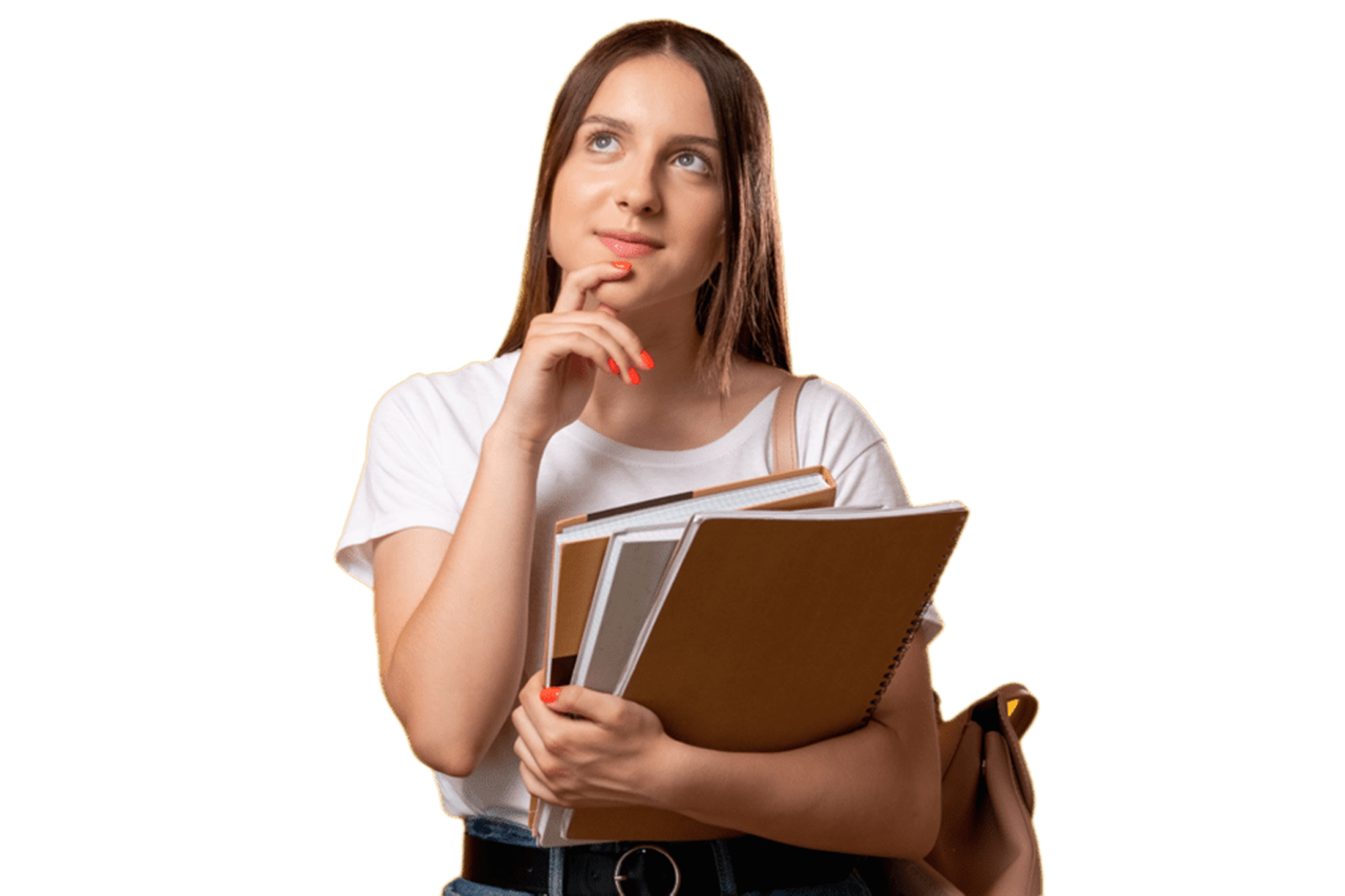 Young teenage girl holding books with her hand on her chin looking curious