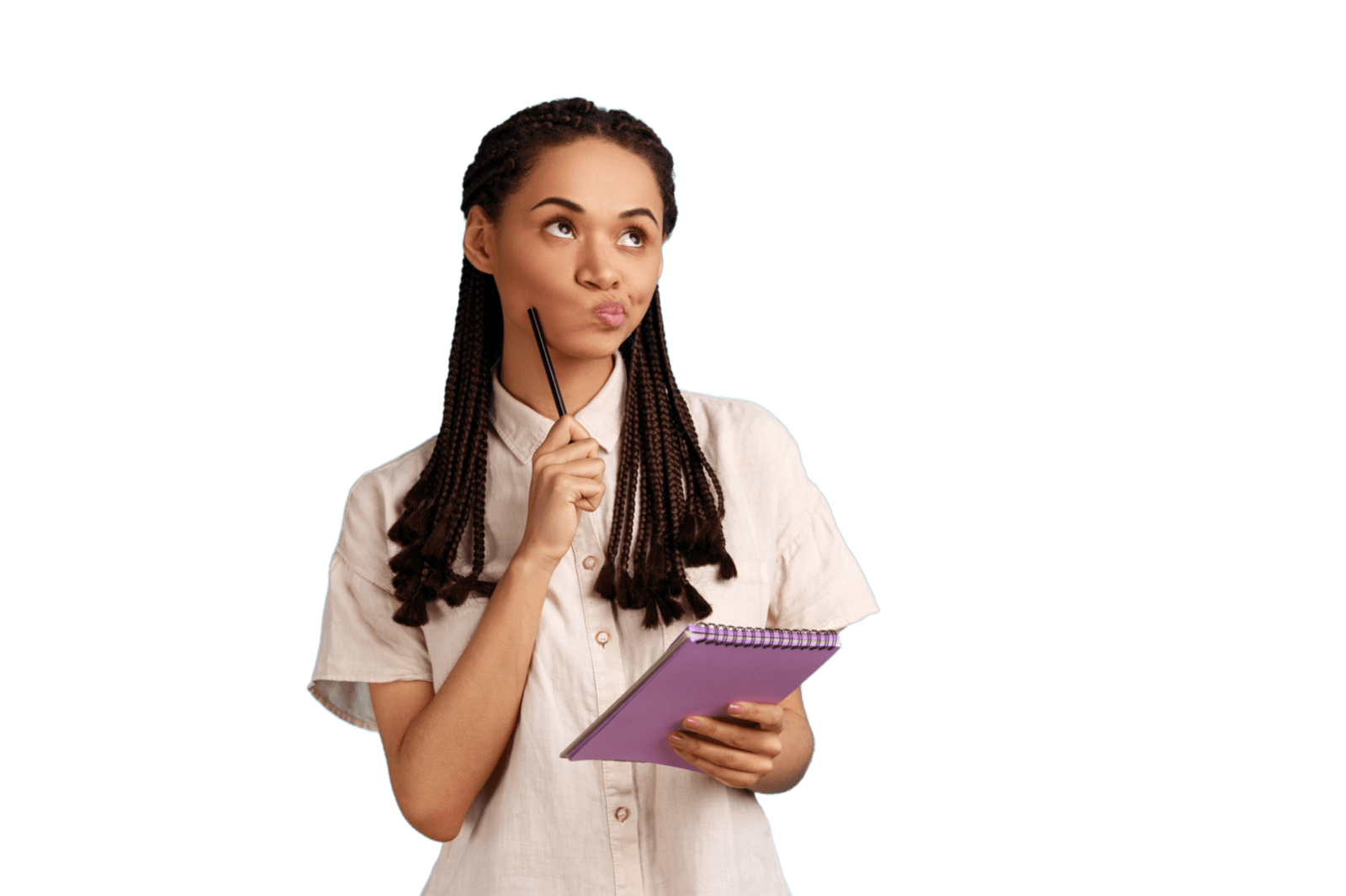 Young adult woman thinking with a pencil to her chin and holding a notebook