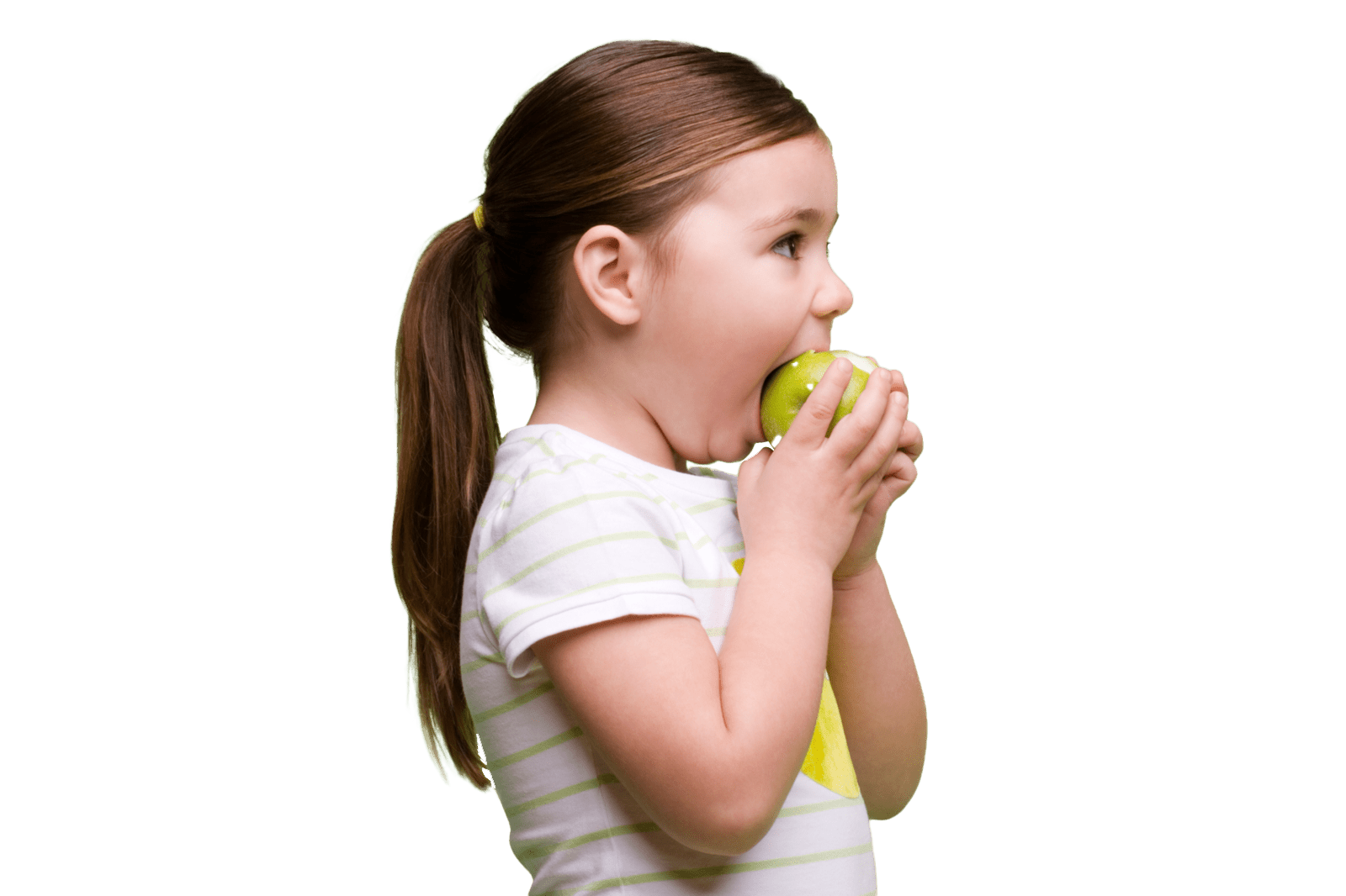 Young girl taking a bite of an apple