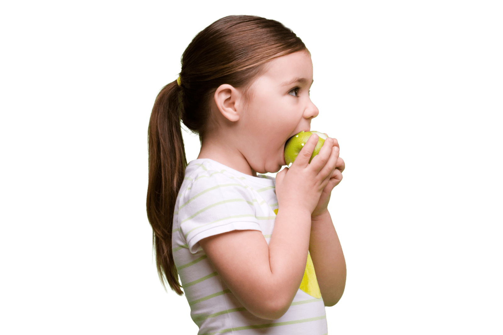 Young girl taking a bite of an apple