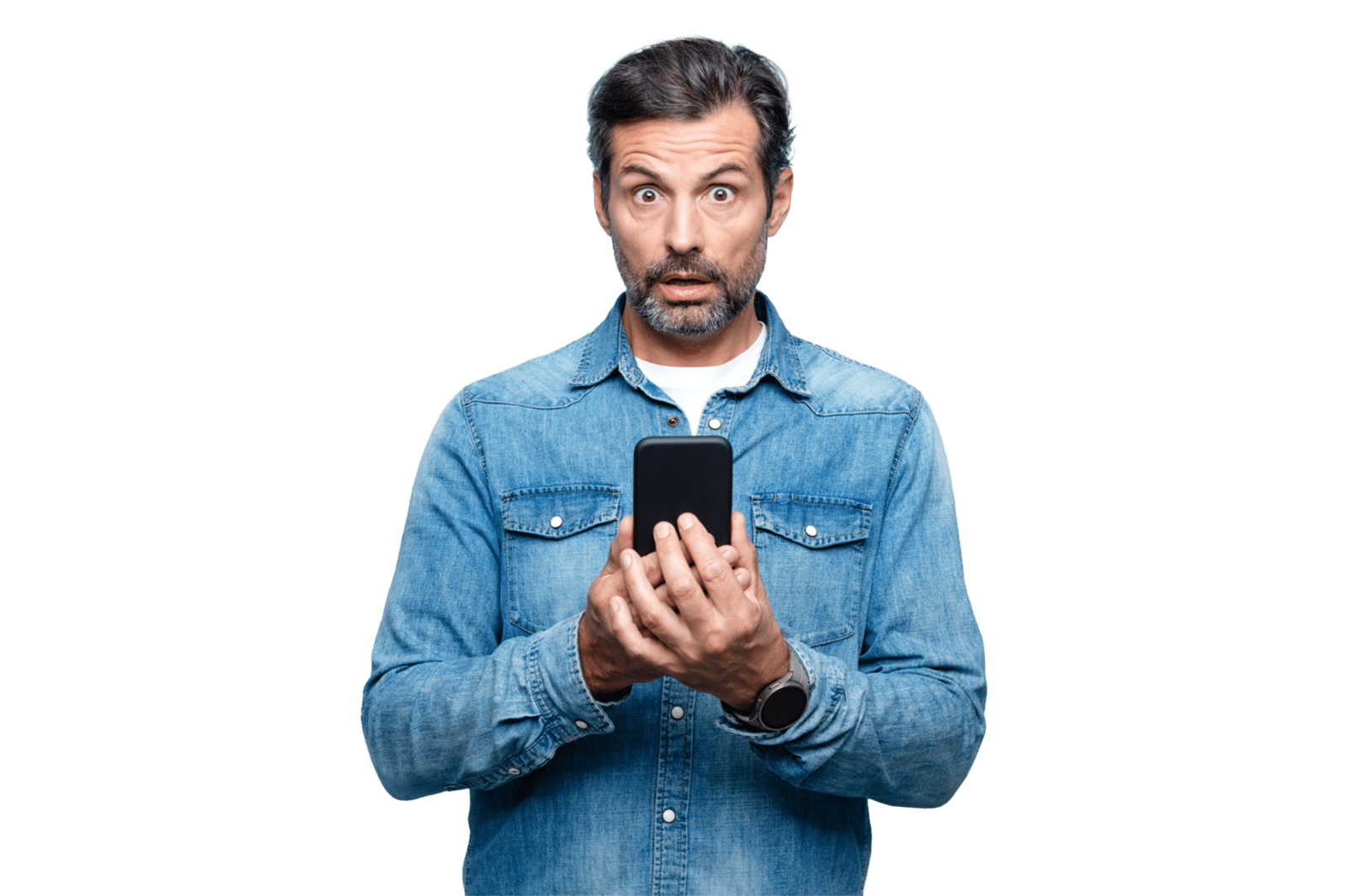 Surprised man holding a cellphone