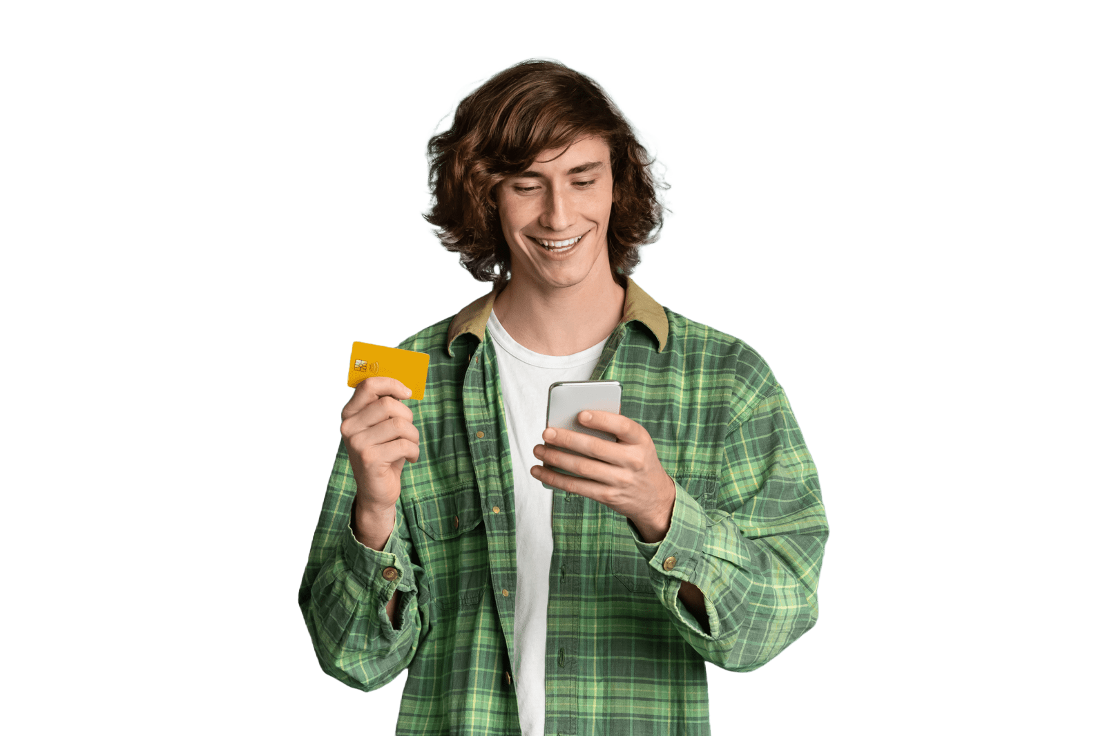 Teenage boy holding a credit card and looking at his cellphone