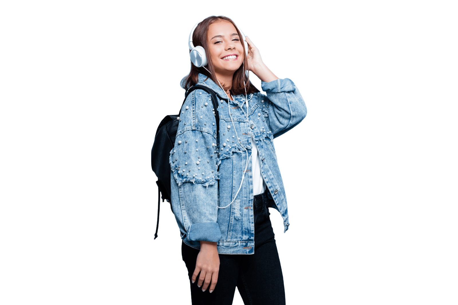 Smiling girl wearing headphones and wearing a backpack