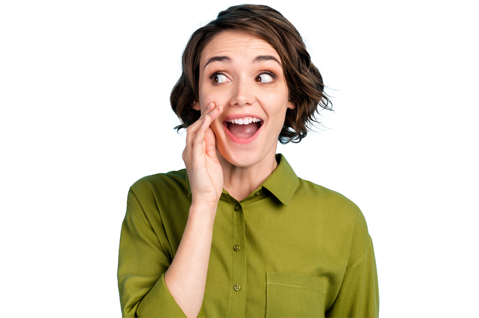 Photo portrait of girl with short hair telling secret information, rumouring gossiping wearing green shirt