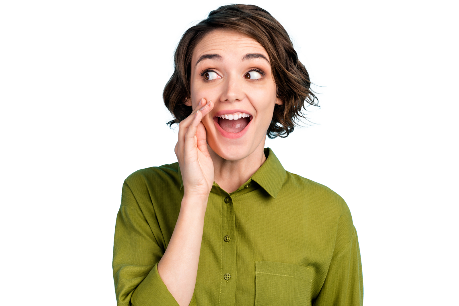 Photo portrait of girl with short hair telling secret information, rumouring gossiping wearing green shirt