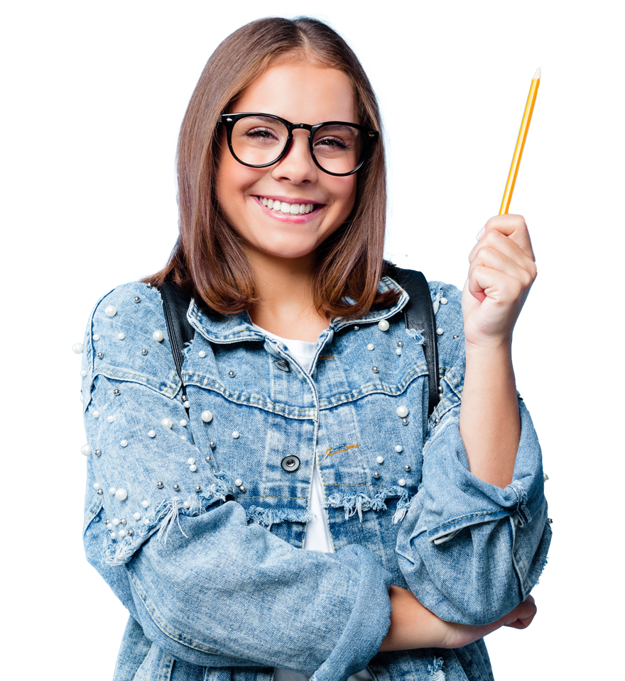 Girl student smiling holding up a pencil