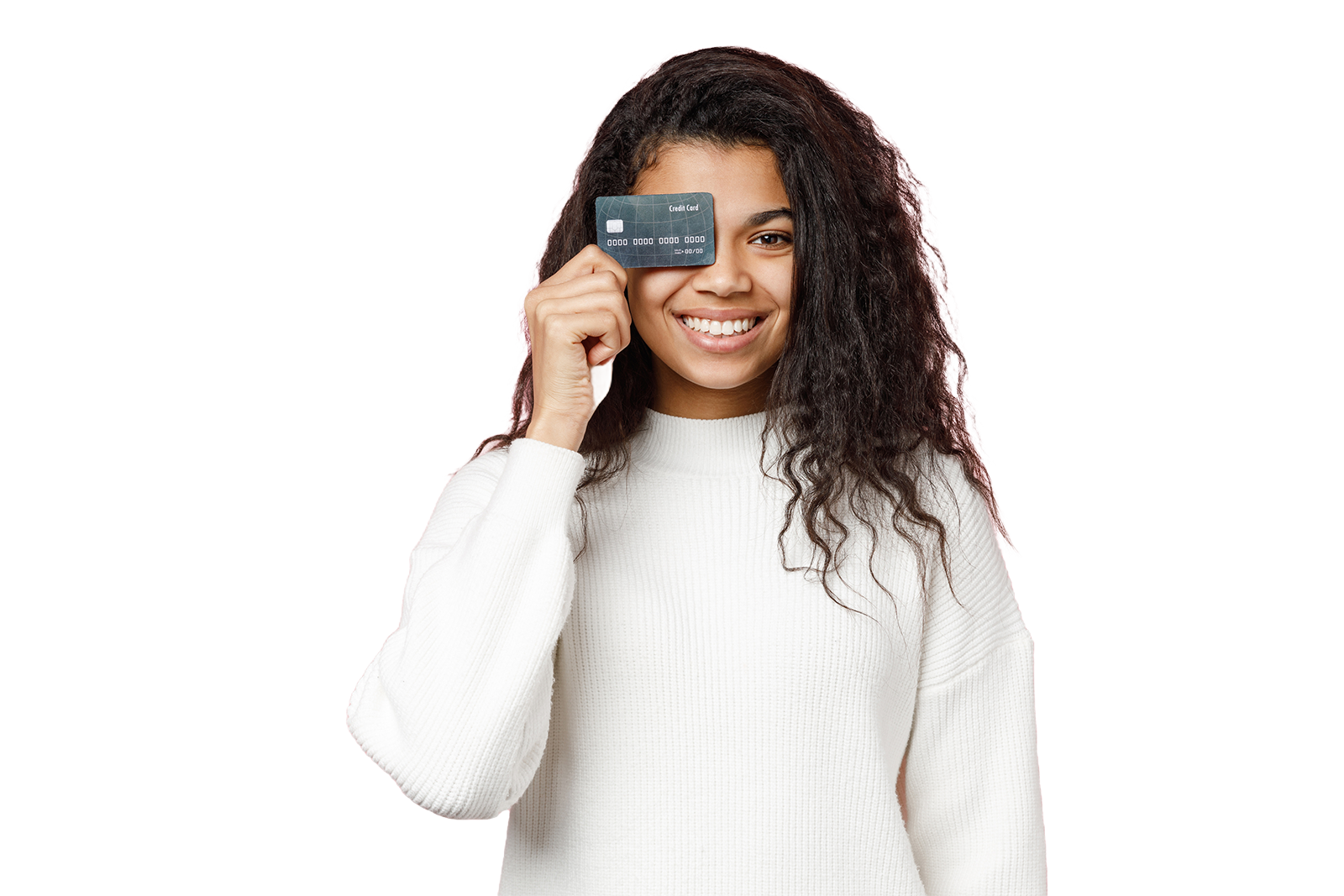 Girl smiling holding up a credit card to her eye