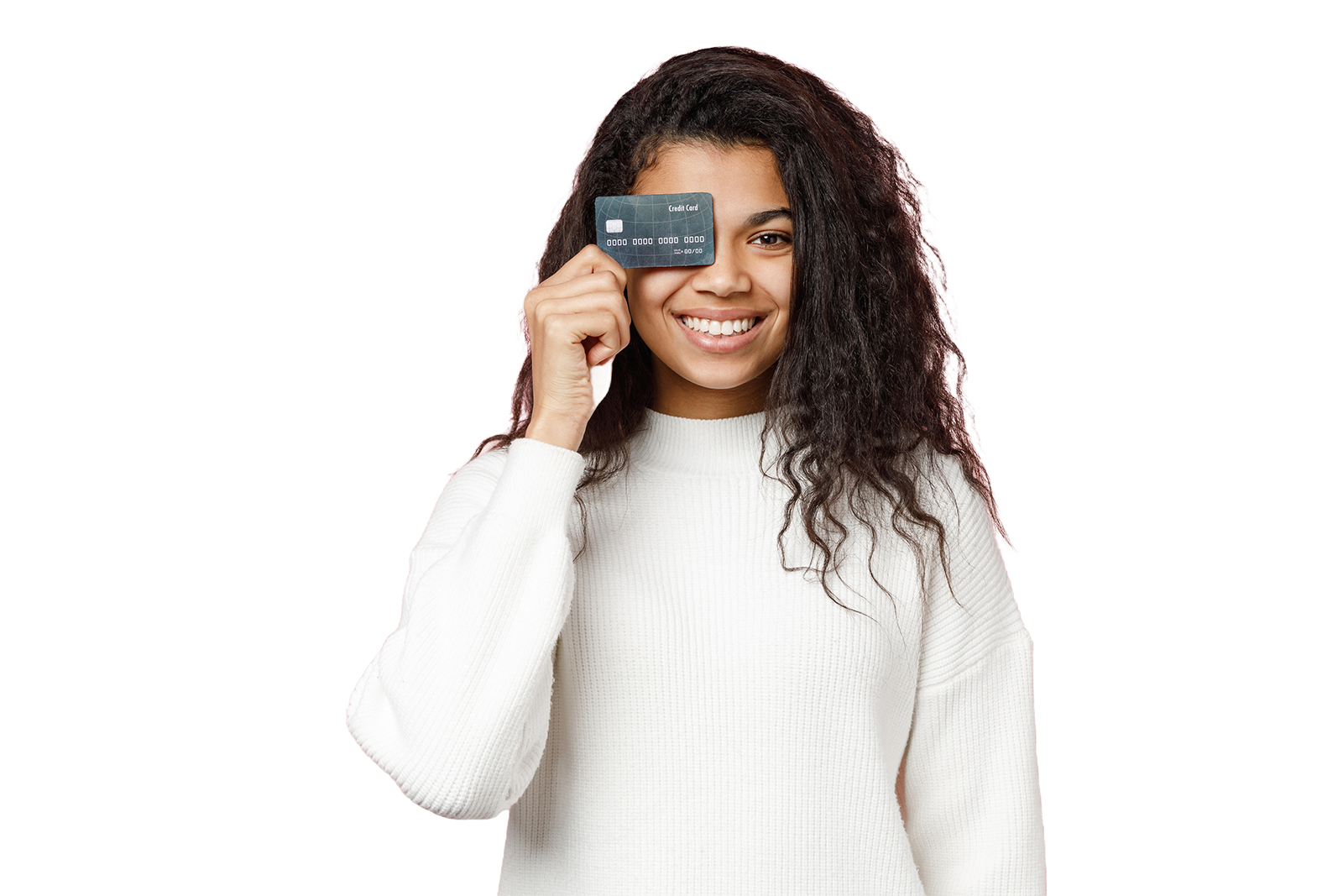 Girl smiling holding up a credit card to her eye