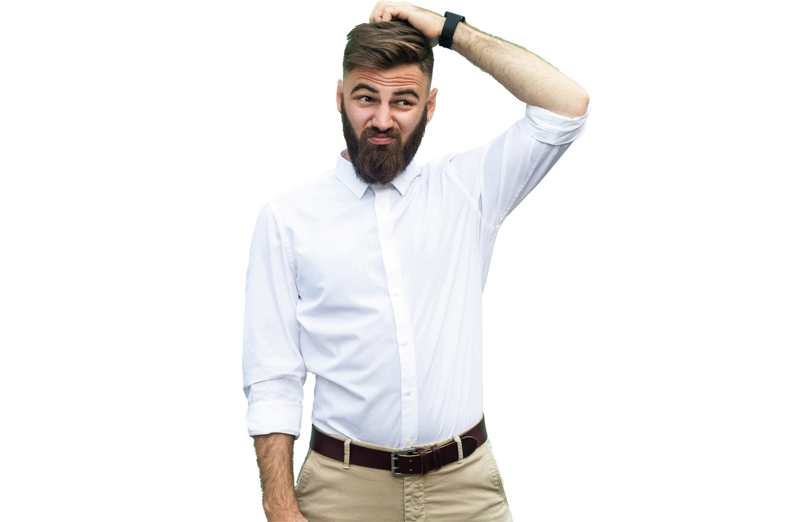 A man with a beard, wearing a white shirt and beige pants, playfully scratching his head and smirking