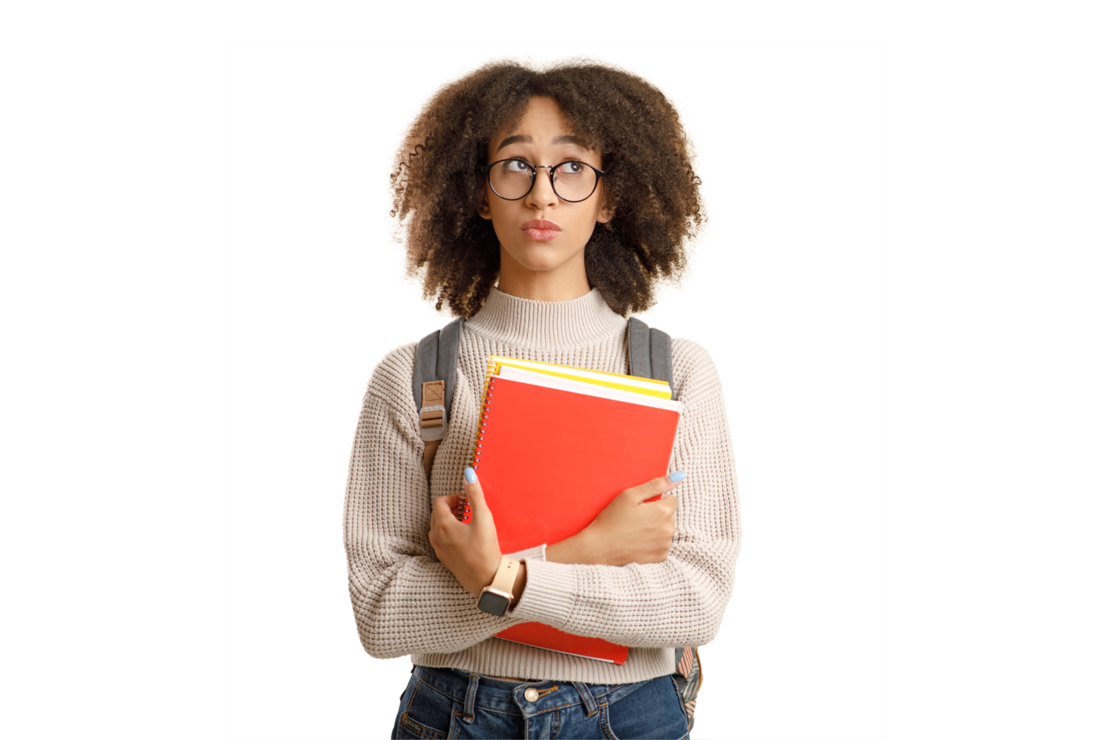 A young student with curly hair and glasses, holding notebooks relevant to education planning, wearing a backpack, looks thoughtful