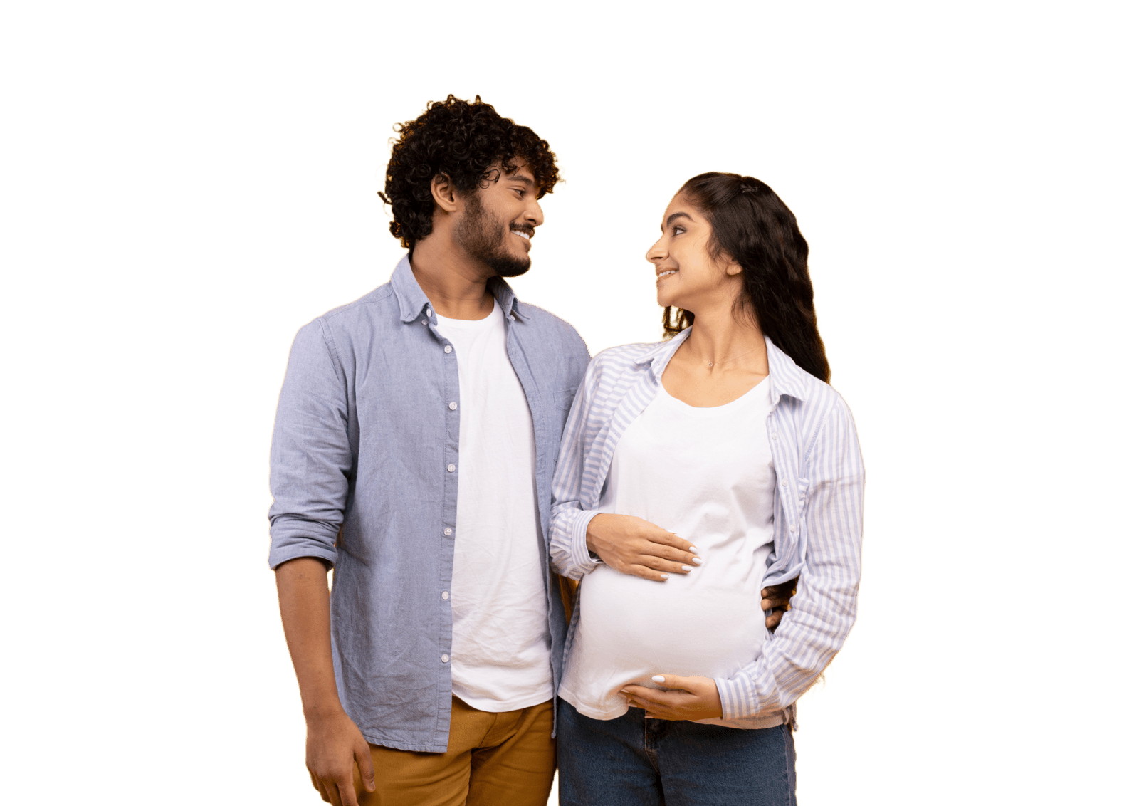Happy couple expecting child looking lovingly at one another