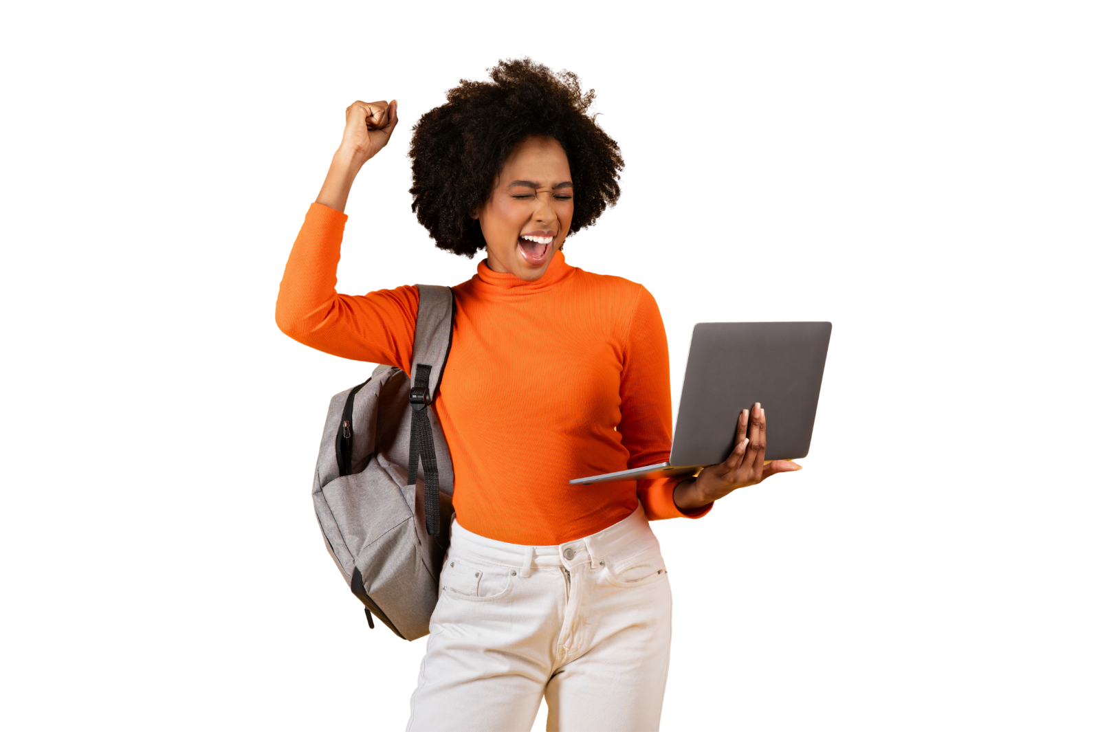 excited young adult holding computer