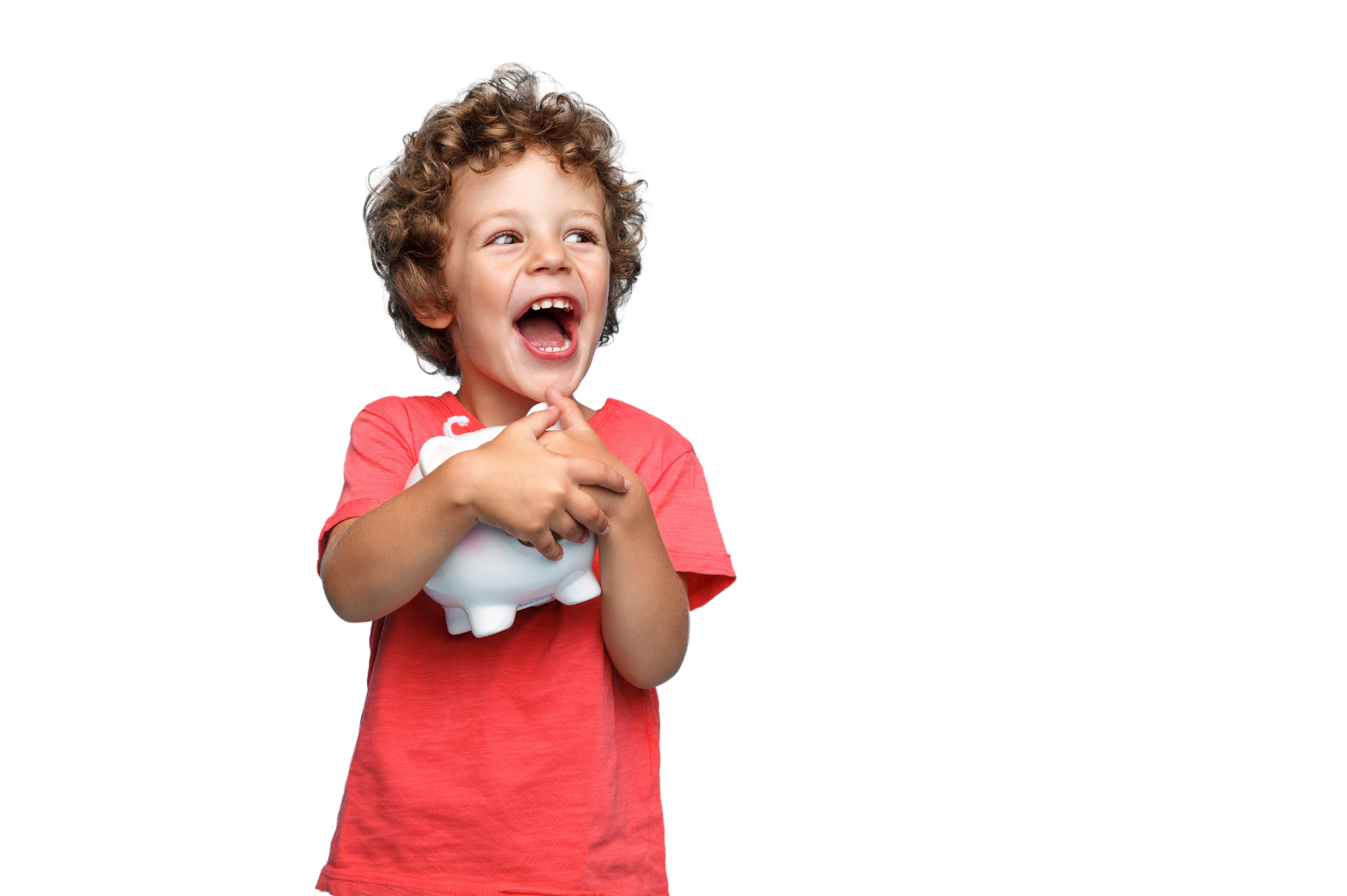 young boy excited to hold full piggybank