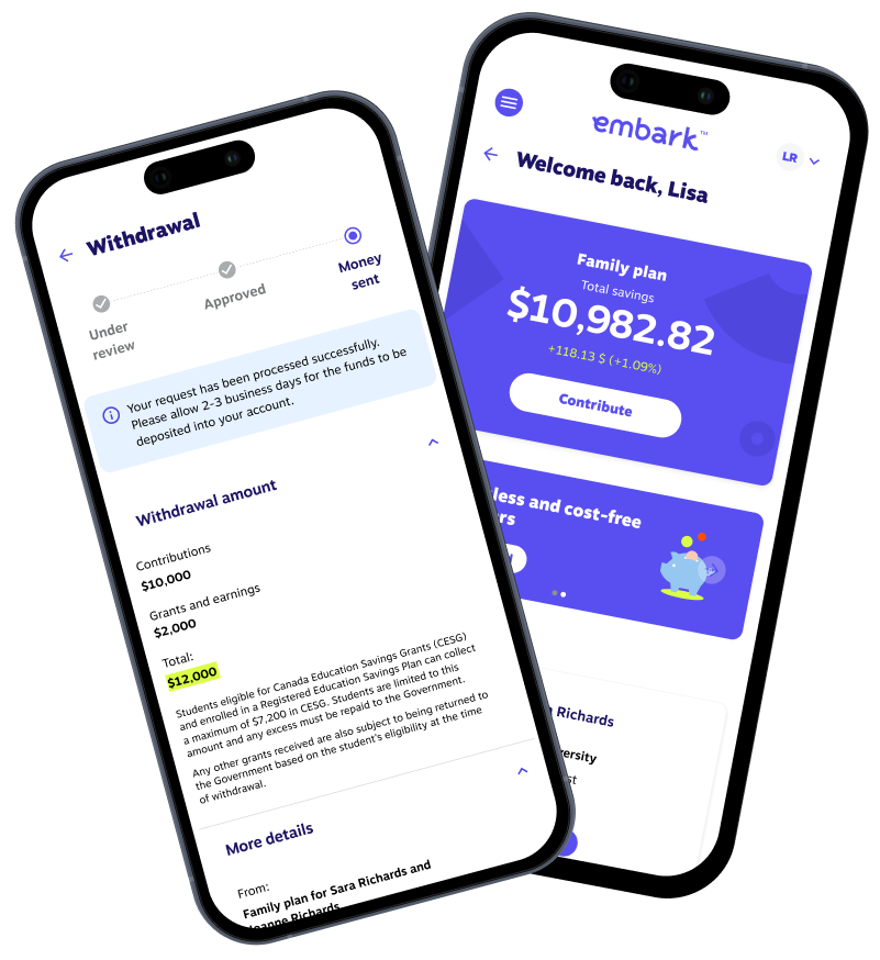 Mobile view of Embark’s RESP platform showing total savings, contribution options, and a successful withdrawal confirmation.
