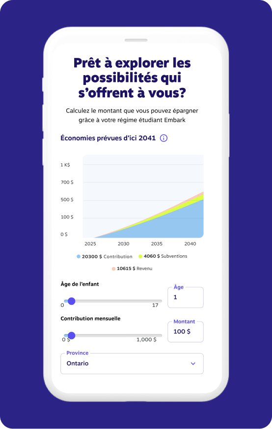 Écran de téléphone mobile montrant un calculateur d’épargne REEE avec des curseurs réglables pour l’âge de l’enfant, la cotisation mensuelle et la province, ainsi qu’un tableau d’épargne projetée d’ici 2041.