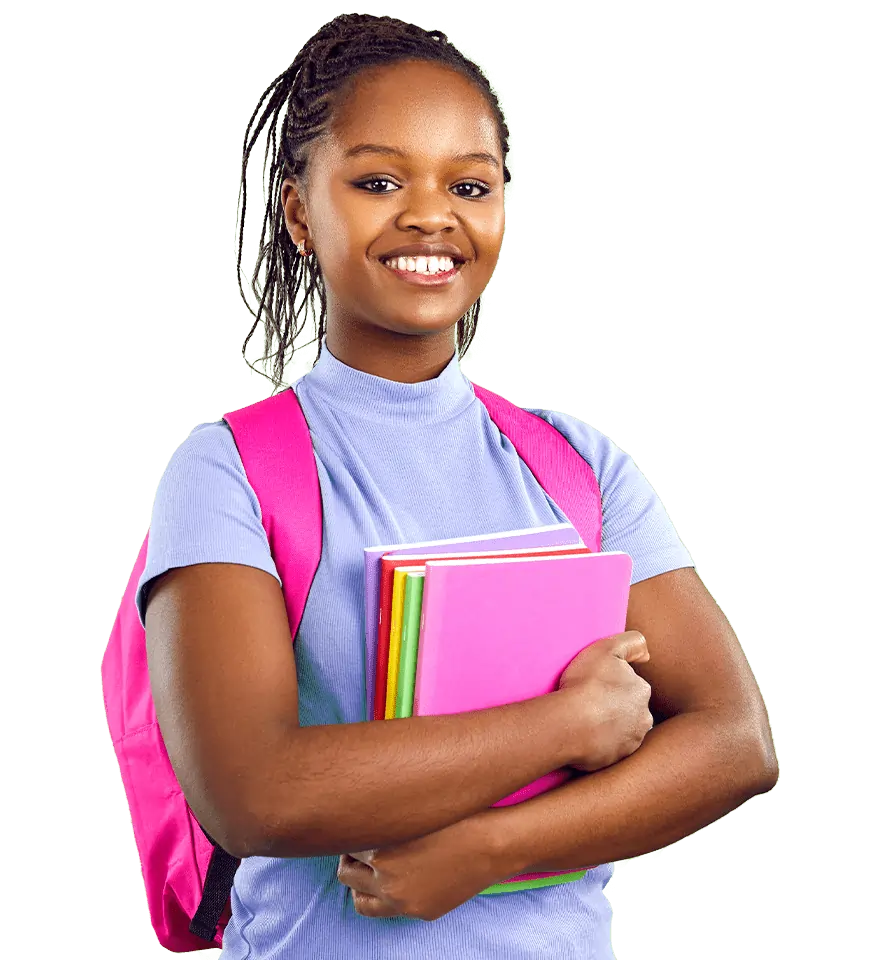 A young girl with braided hair, smiling, holding books about post-secondary education planning and wearing a backpack, standing against a green background.
