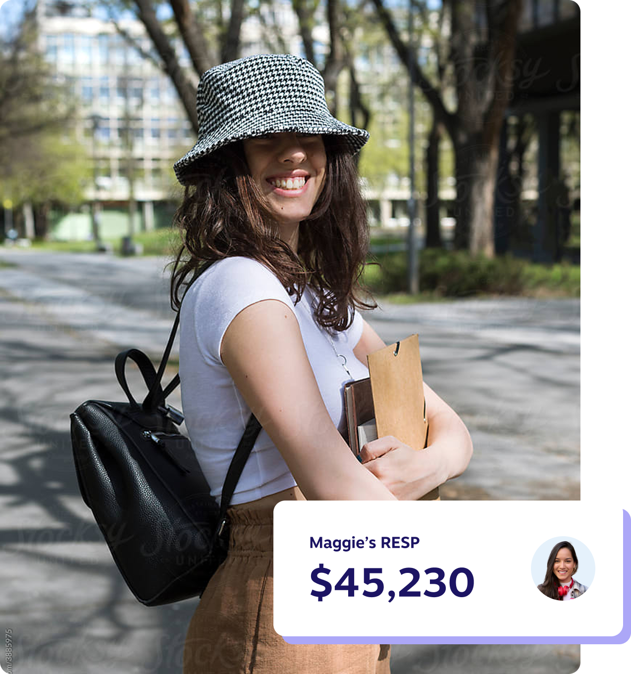 Smiling student wearing a checkered bucket hat and backpack, holding books while walking outdoors, with a display showing $45,230 saved in Maggie’s RESP.