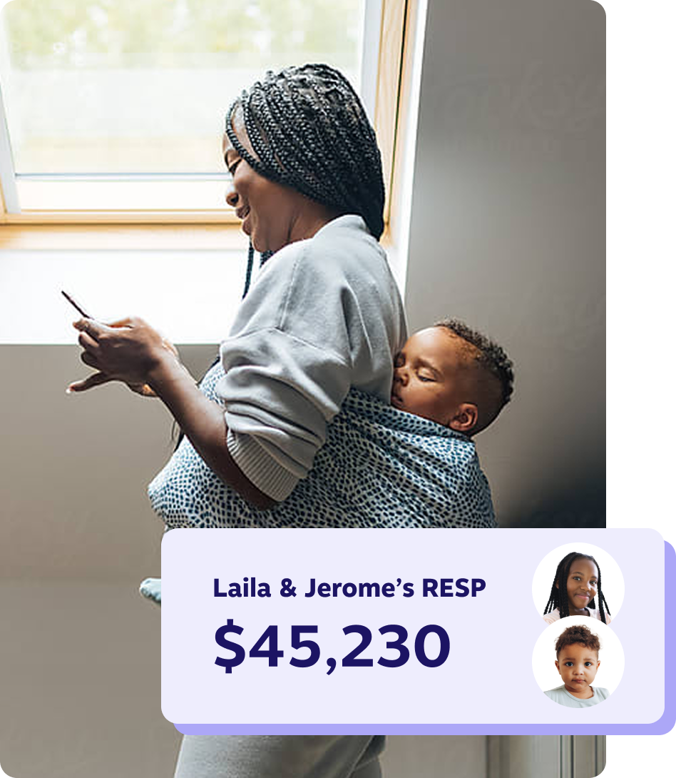 Mother checking her phone while carrying her sleeping child in a patterned baby wrap, with a display showing $45,230 saved in Laila & Jerome’s RESP.