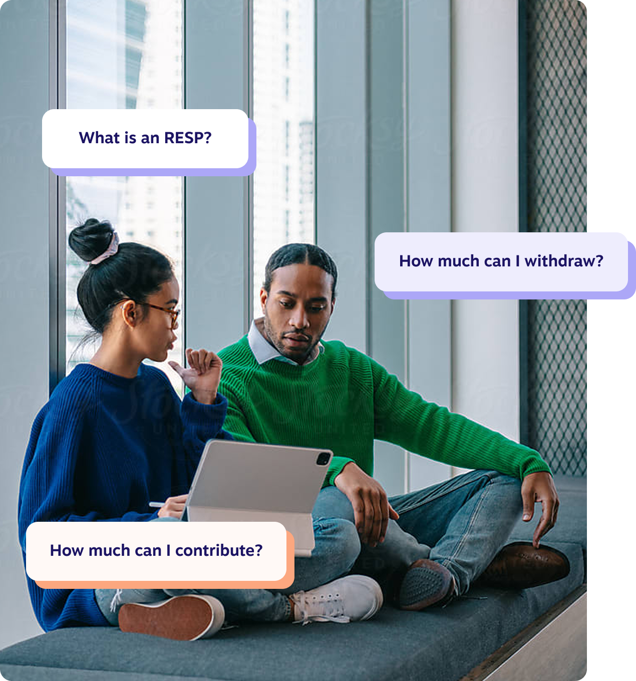 Two young adults sitting in front of tall windows discussing RESP options on a laptop, with speech bubbles showing common questions like “What is an RESP?”, “How much can I contribute?”, and “How much can I withdraw?”
