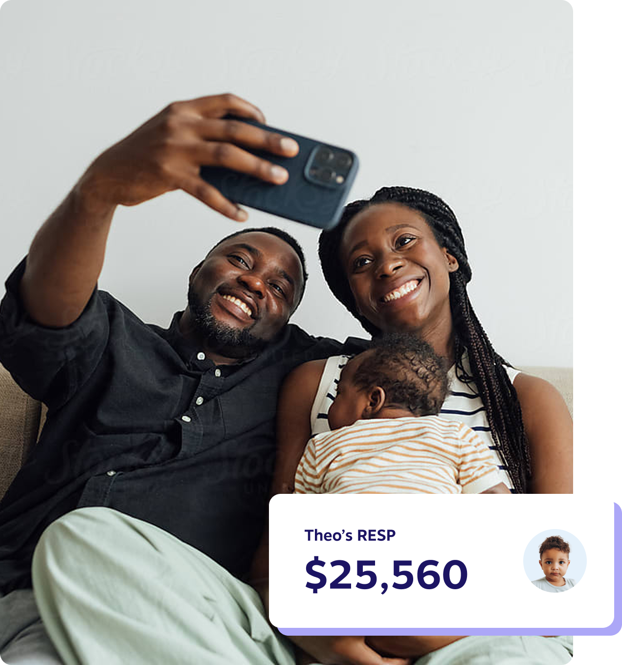 Smiling couple sitting on a couch taking a selfie with their baby, alongside a display showing $25,560 saved in Theo’s RESP.