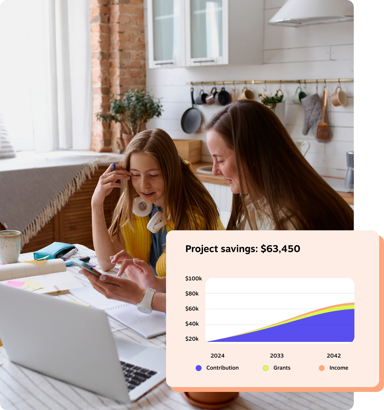 Two women sitting at a kitchen table reviewing RESP savings on a phone, with a projected savings chart shown on screen.