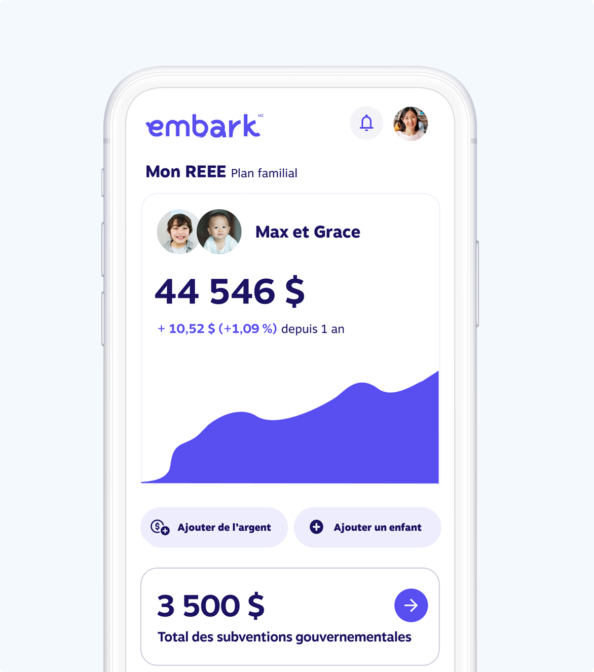 Écran mobile montrant un tableau de bord du régime familial Embark REEE pour Max et Grace, avec un solde de 44 546 $, un gain annuel de 1,09 % et des options pour ajouter de l’argent ou ajouter un enfant. Indique également des subventions gouvernementales totales de 3 500 $.