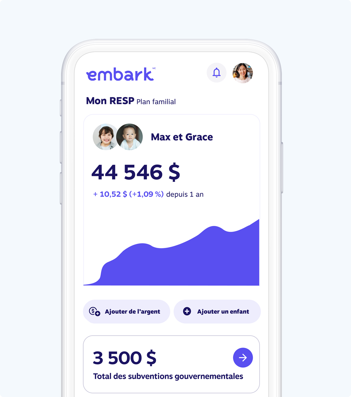 Écran mobile montrant un tableau de bord du régime familial Embark REEE pour Max et Grace, avec un solde de 44 546 $, un gain annuel de 1,09 % et des options pour ajouter de l’argent ou ajouter un enfant. Indique également des subventions gouvernementales totales de 3 500 $.