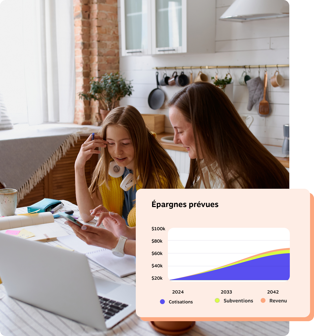 Deux femmes assises à une table de cuisine examinant les économies d’un REEE sur un téléphone, avec un graphique des économies projetées affiché à l’écran.