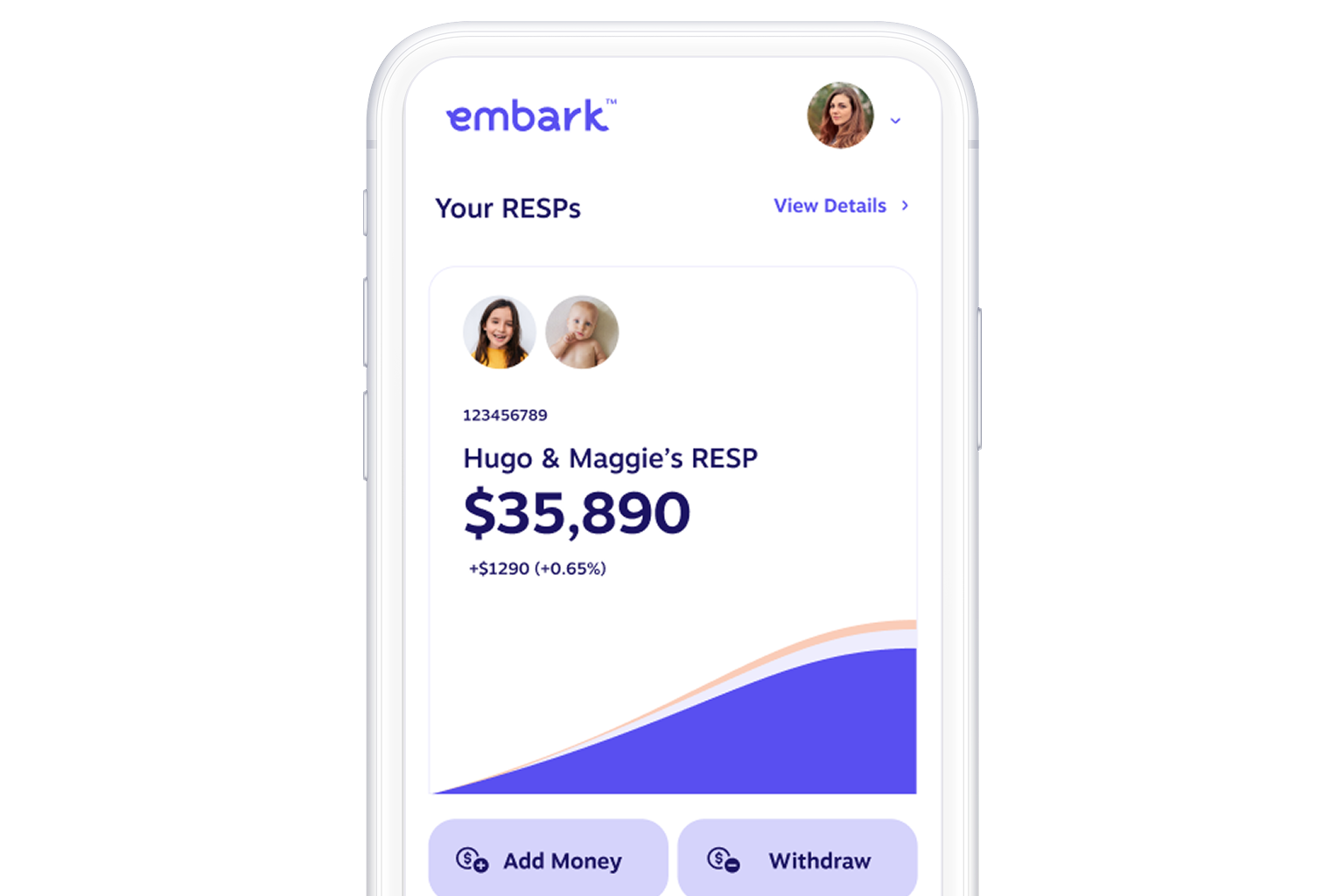 Mobile screen showing an Embark RESP dashboard with Hugo and Maggie’s RESP valued at $35,890. Options include Add Money, Withdraw.