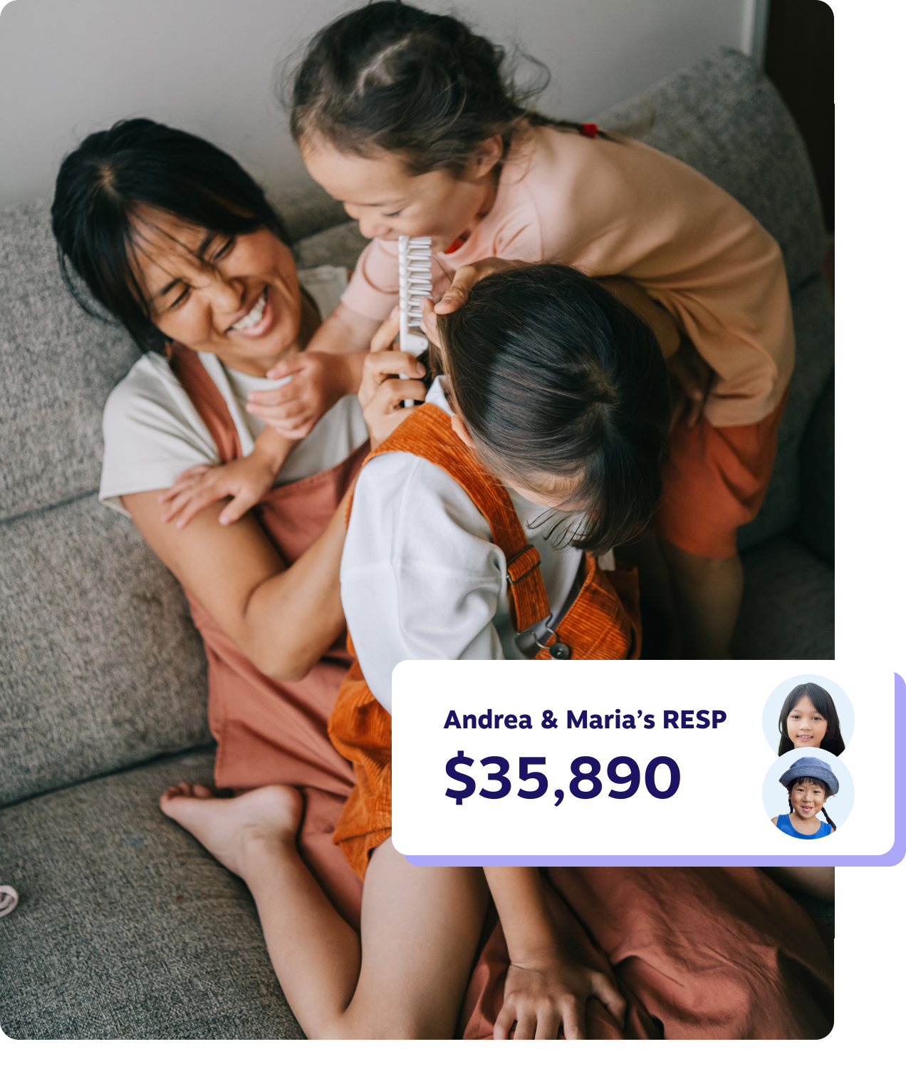 A mother and two daughters laughing while the mom brushes her daughter's hair