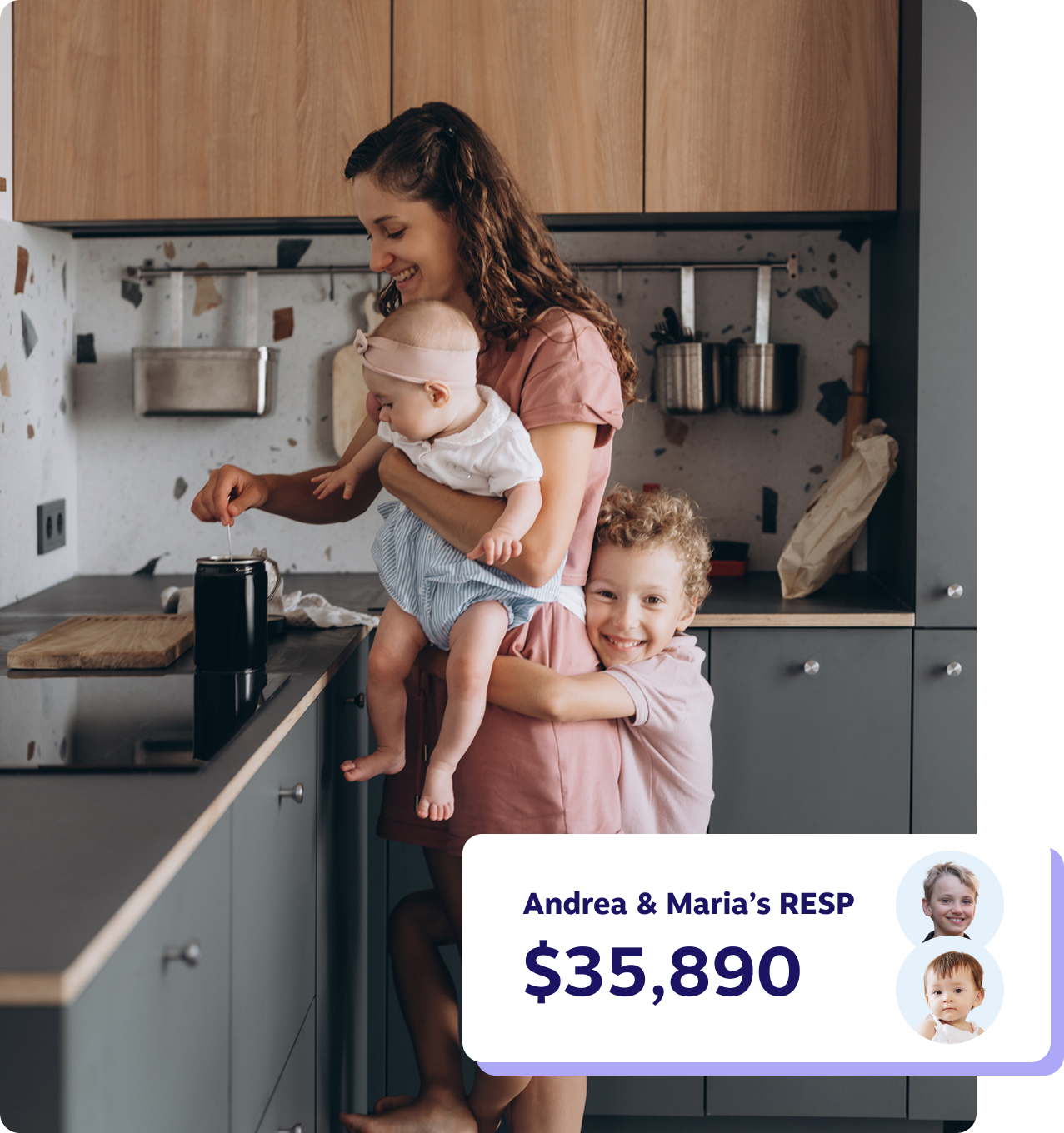 Mother making a tea while holding a baby and her son hugging her