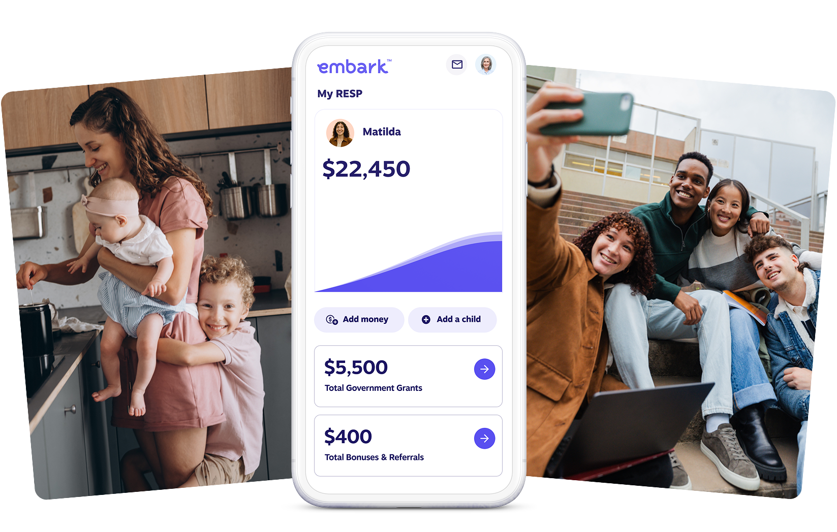 Graphic showing the Embark Student Plan on a cellphone in the middle. On the left is an image of a young mother holding a baby and a kid giving her a hug. On the right is a group of college students taking a selfie.