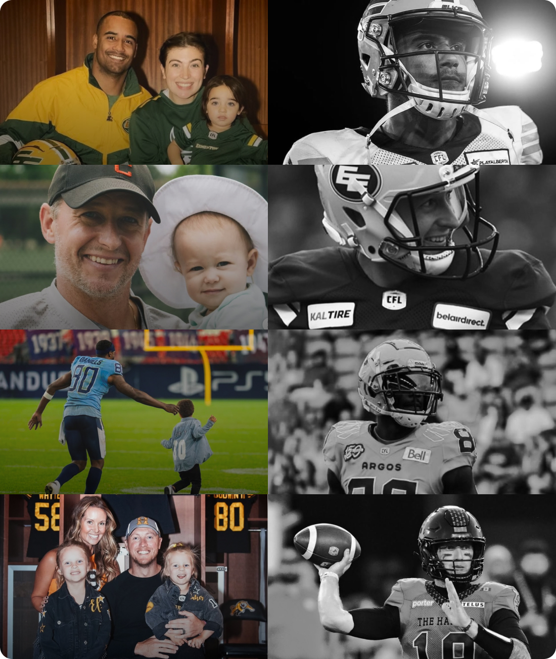 CFL player collage featuring Tre Ford, DeVaris Daniels, Bo Levi Mitchell and Sean Whyte